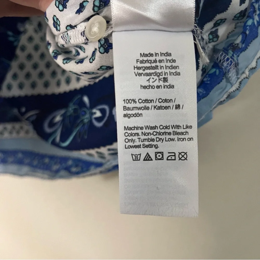 J. Crew White Blouse with Navy and Light Blue Border Print